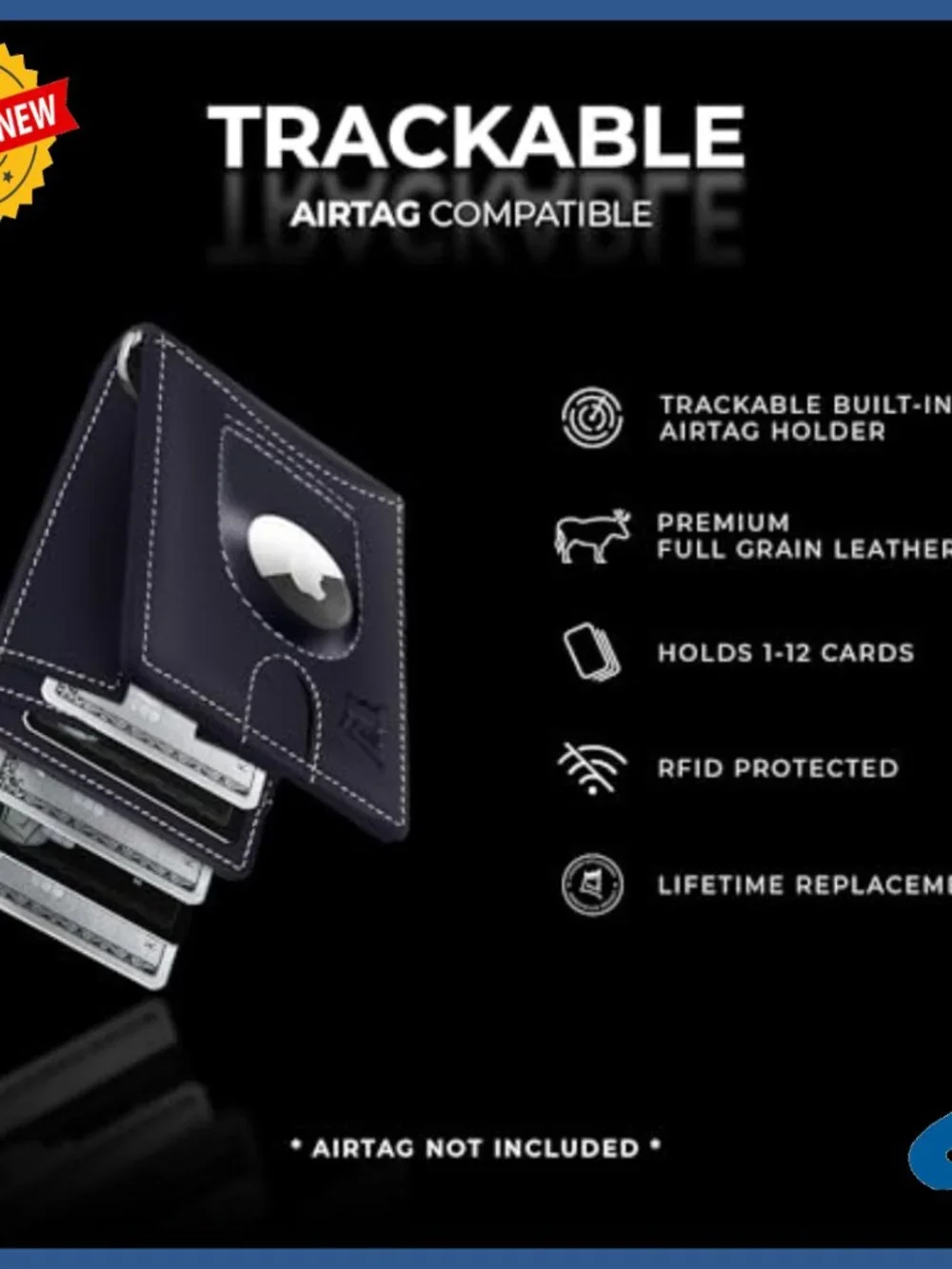 Leather RFID Blocking Wallet with AirTag Holder Money Clip Pull Tab